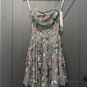 Primavera sequin Strapless prom dress in Gray with Multicolor Floral Accents